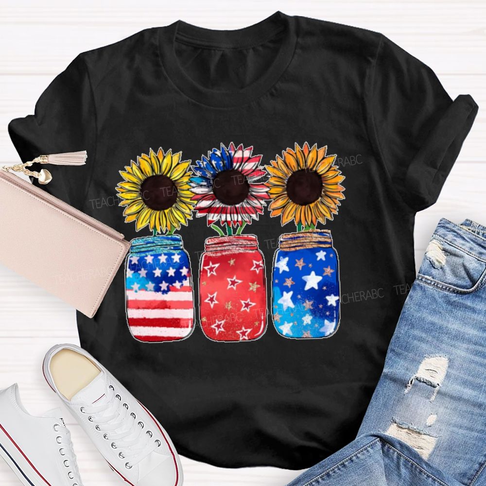 Independence Day Sunflower Graphics  Teacher T-shirt