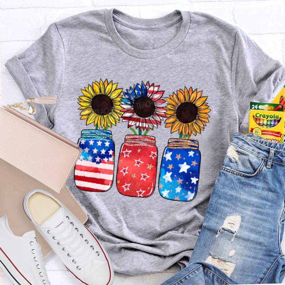 Independence Day Sunflower Graphics  Teacher T-shirt