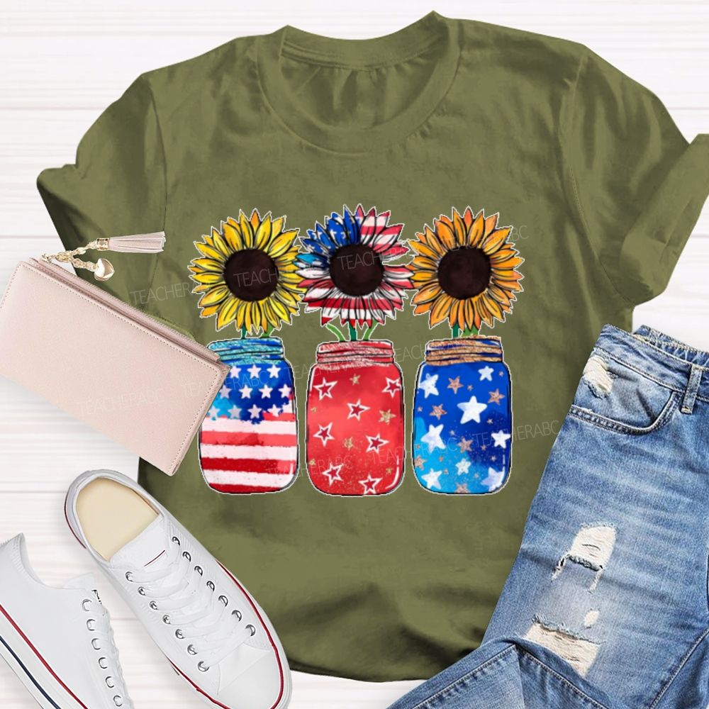 Independence Day Sunflower Graphics  Teacher T-shirt