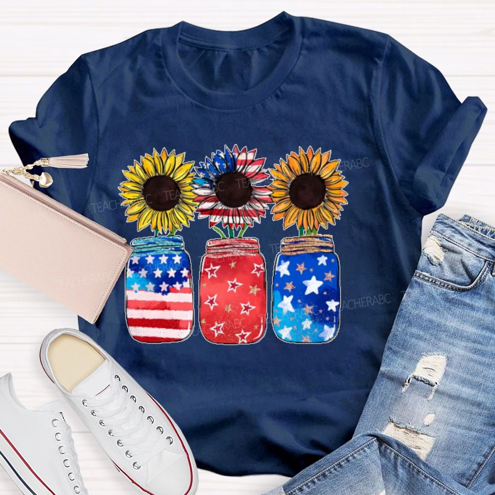 Independence Day Sunflower Graphics  Teacher T-shirt