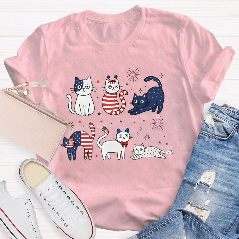 Independence Day Cat Graphic  Teacher T-shirt