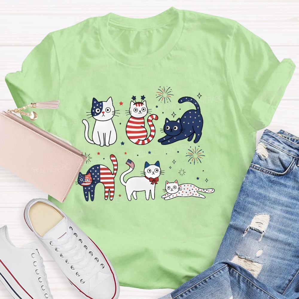Independence Day Cat Graphic  Teacher T-shirt