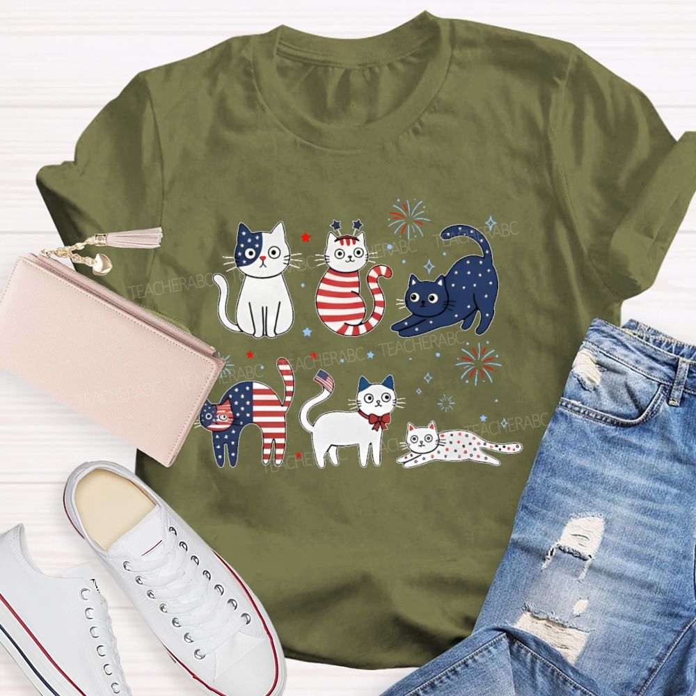 Independence Day Cat Graphic  Teacher T-shirt