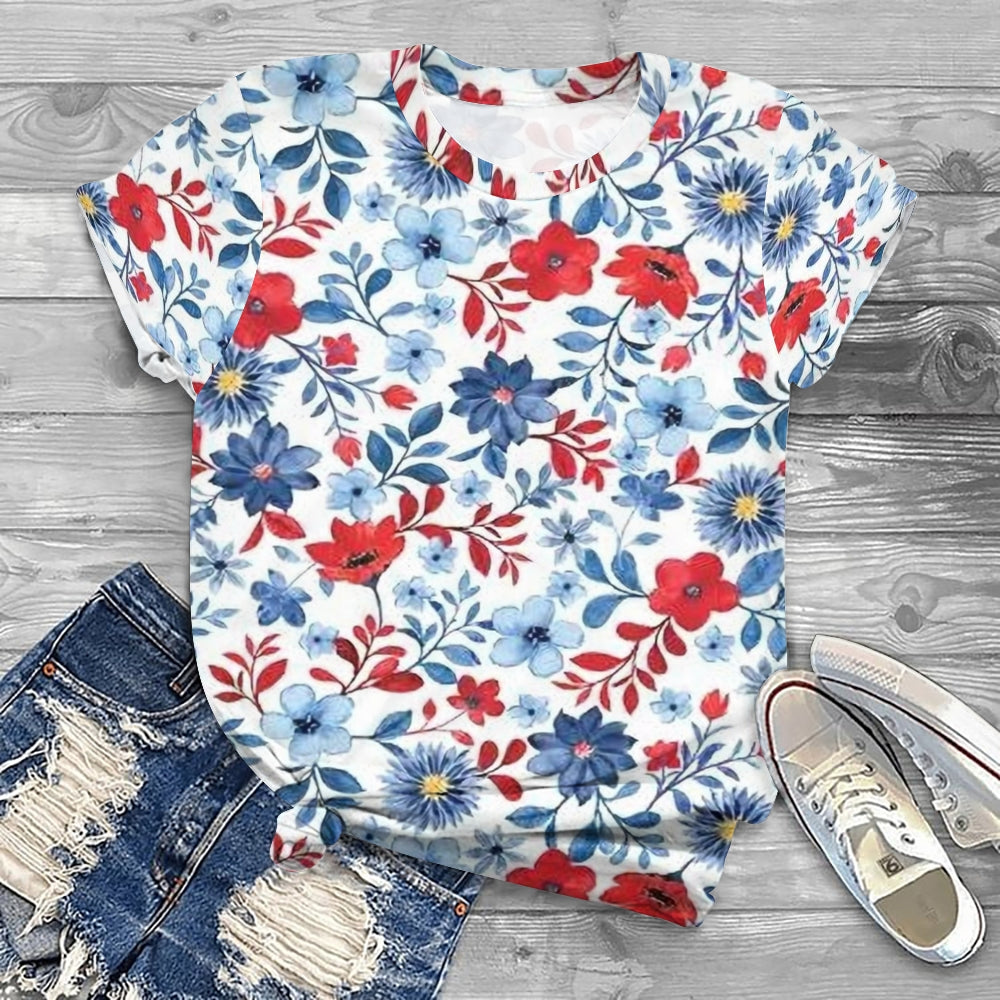Bright Blue Red Floral T-shirt