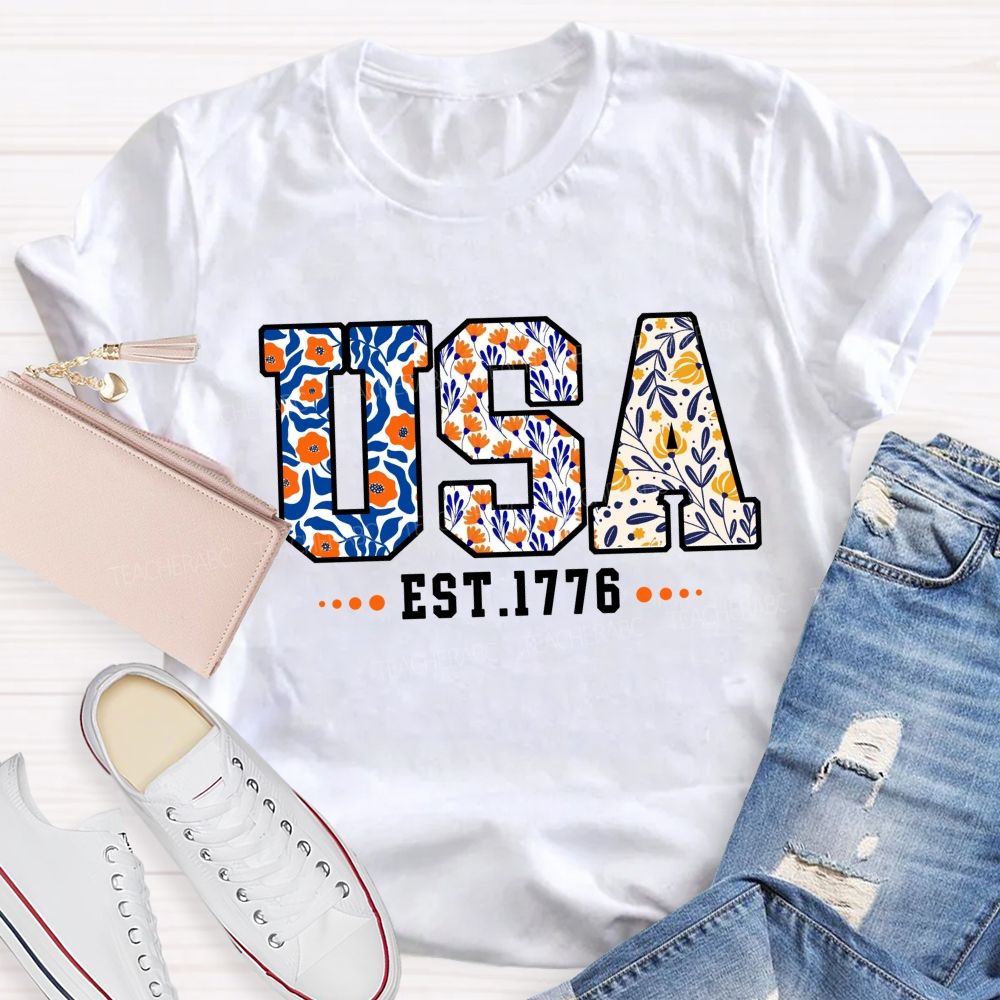 Blue Floral USA 1776 Teacher T-shirt