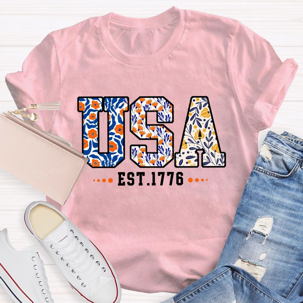 Blue Floral USA 1776 Teacher T-shirt