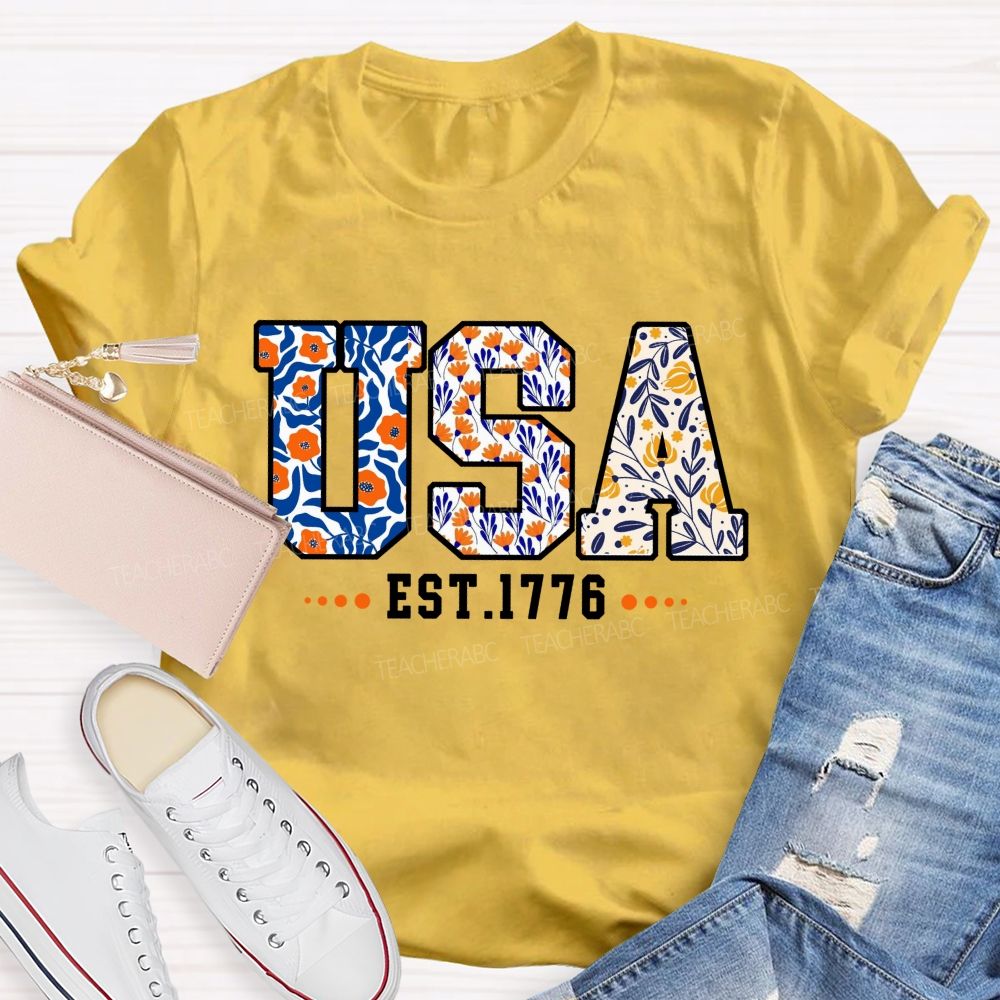 Blue Floral USA 1776 Teacher T-shirt