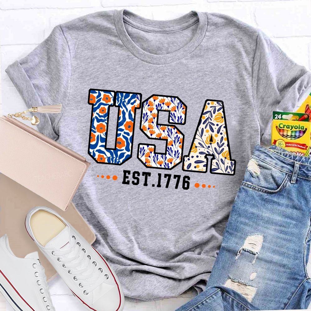 Blue Floral USA 1776 Teacher T-shirt