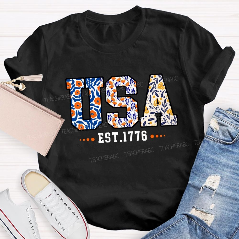 Blue Floral USA 1776 Teacher T-shirt