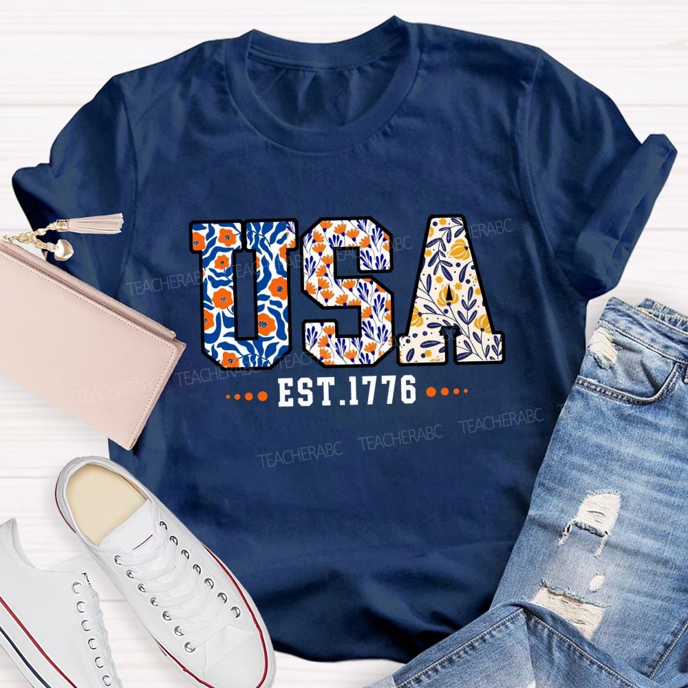 Blue Floral USA 1776 Teacher T-shirt