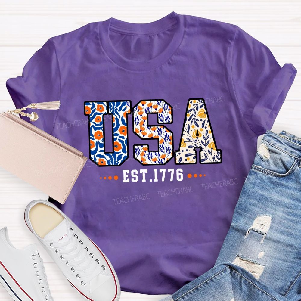 Blue Floral USA 1776 Teacher T-shirt