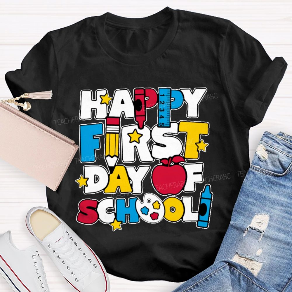Happy First Day Of School Stars Shapes  Teacher T-shirt