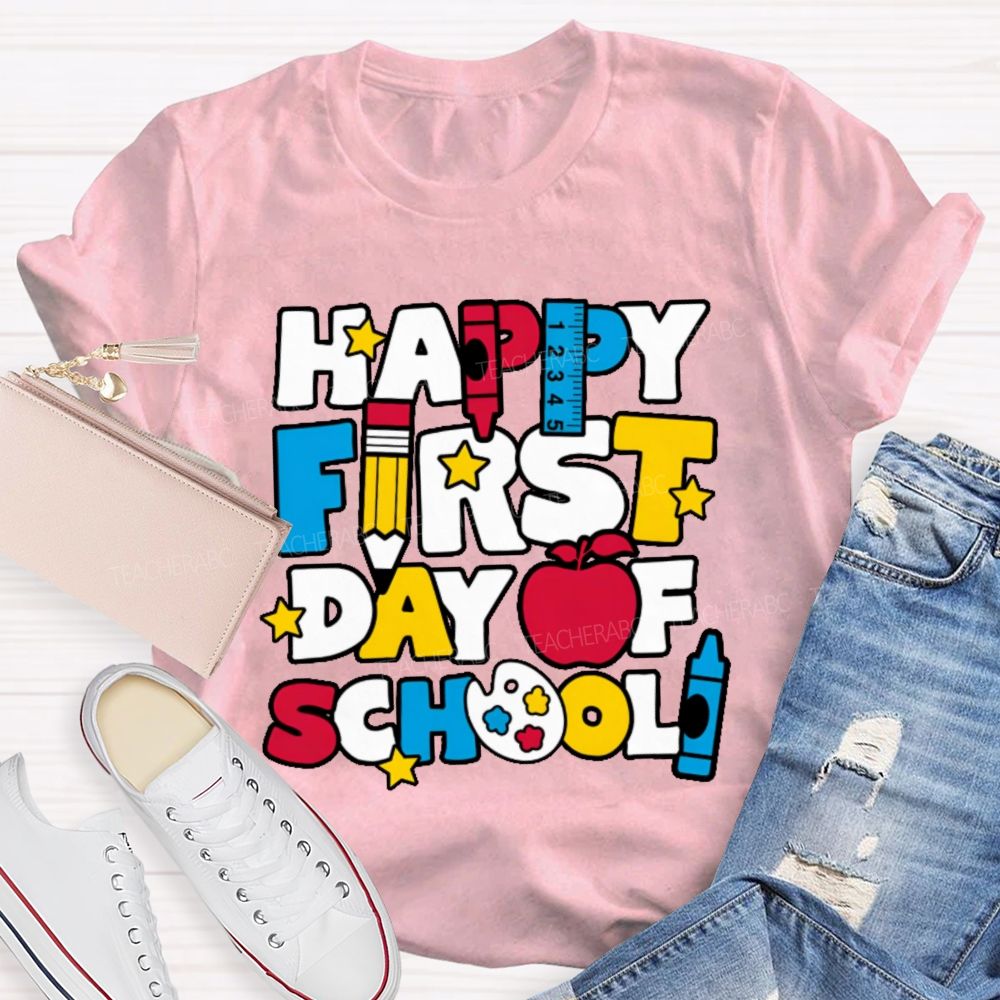 Happy First Day Of School Stars Shapes  Teacher T-shirt
