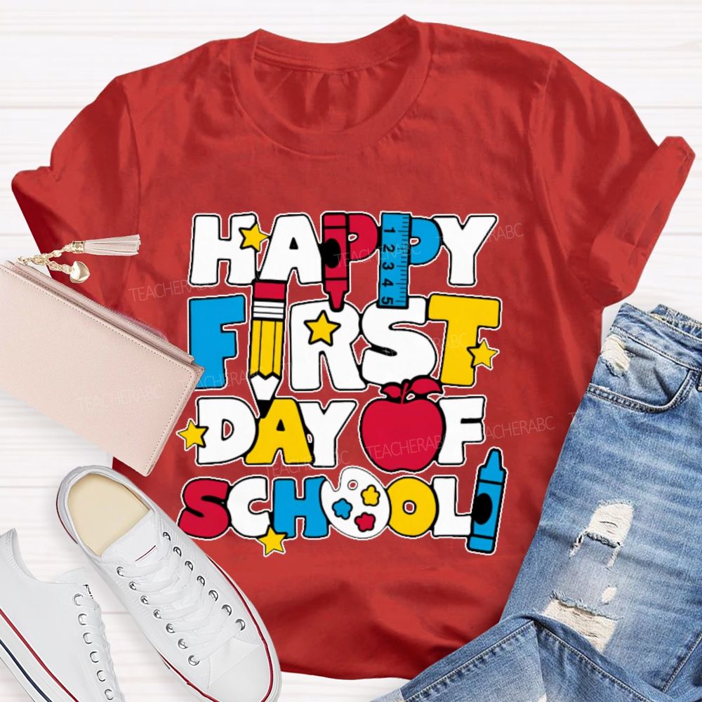 Happy First Day Of School Stars Shapes  Teacher T-shirt