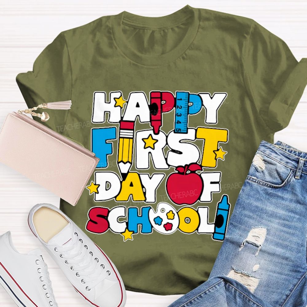 Happy First Day Of School Stars Shapes  Teacher T-shirt