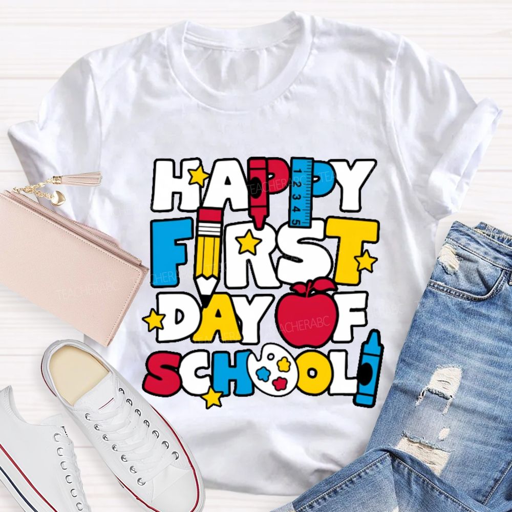 Happy First Day Of School Stars Shapes  Teacher T-shirt
