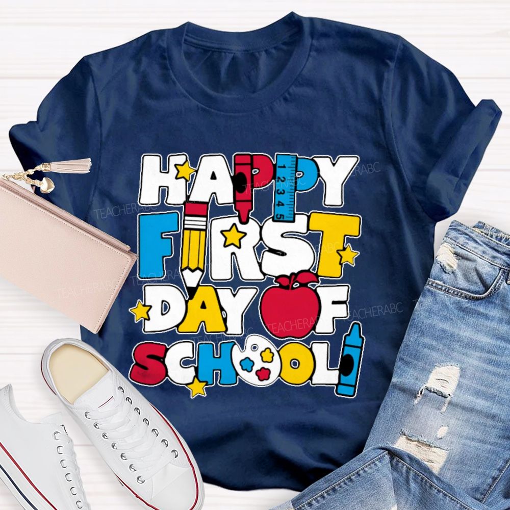 Happy First Day Of School Stars Shapes  Teacher T-shirt
