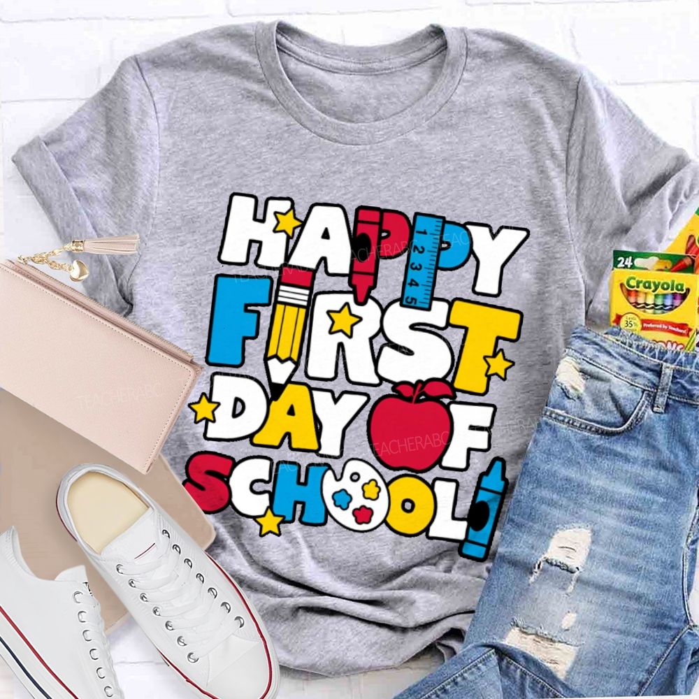 Happy First Day Of School Stars Shapes  Teacher T-shirt