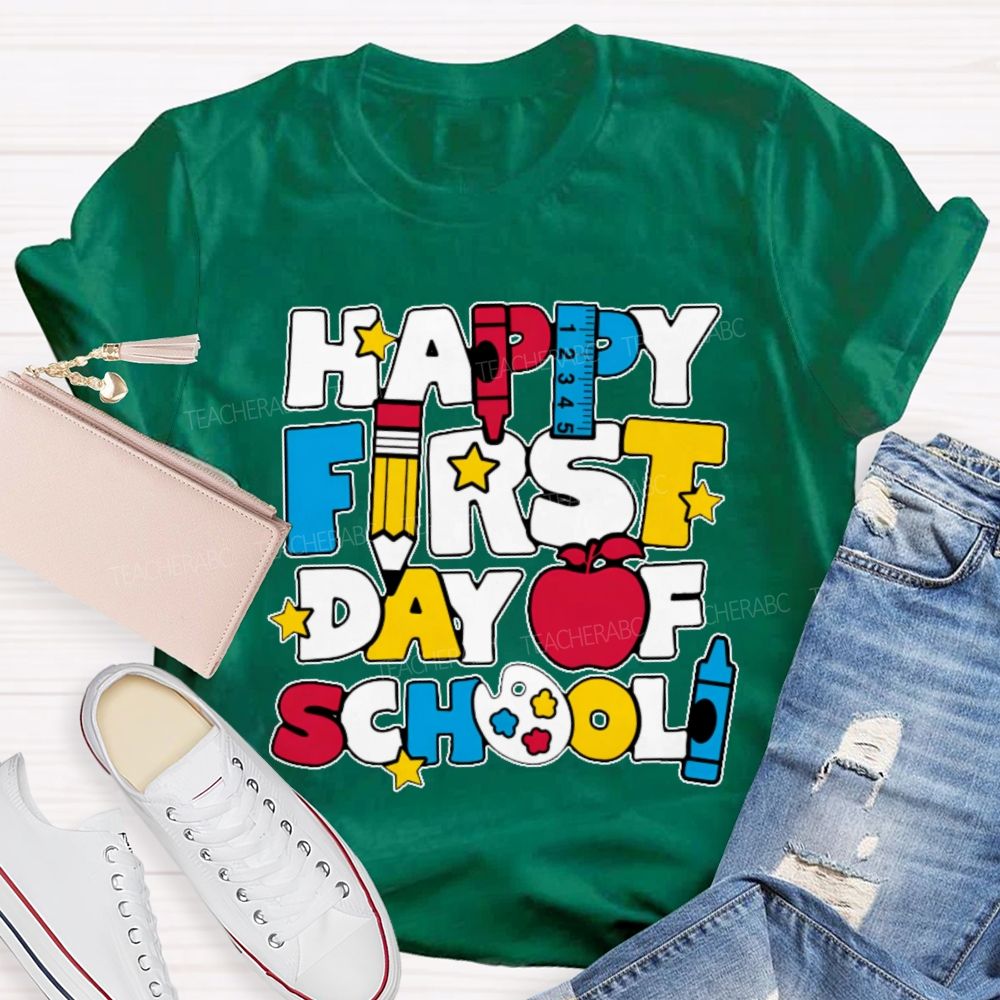 Happy First Day Of School Stars Shapes  Teacher T-shirt