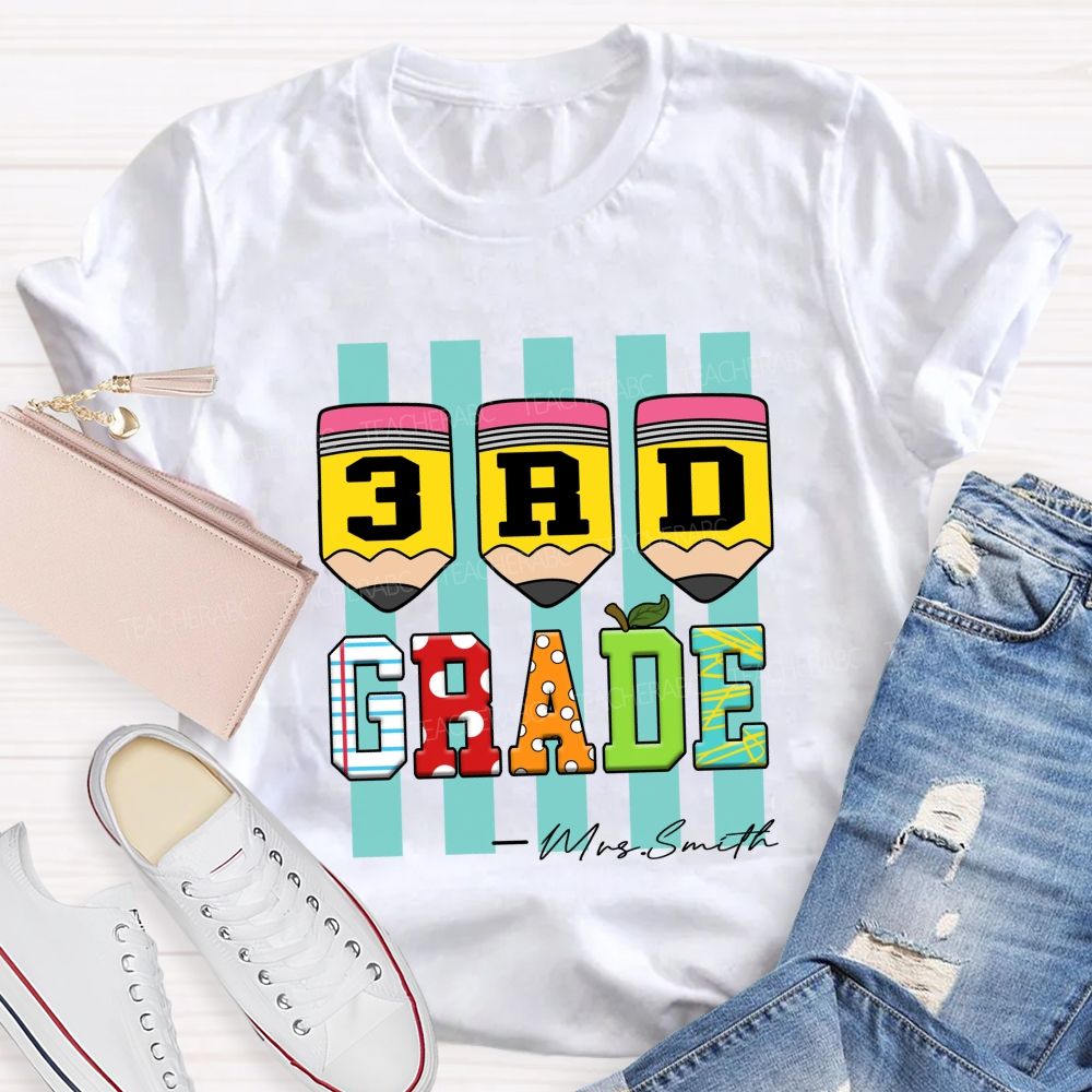 Personalized Grade Strip Printed Pencil Teacher T-Shirt