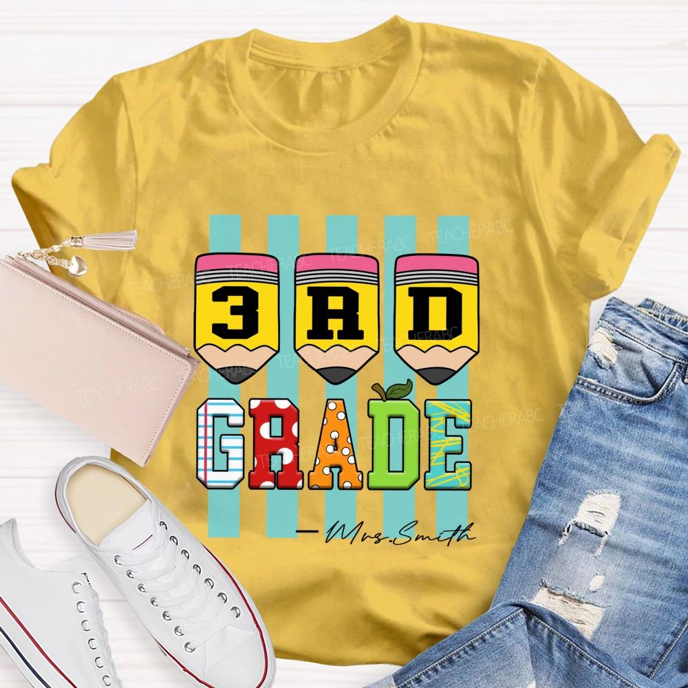 Personalized Grade Strip Printed Pencil Teacher T-Shirt
