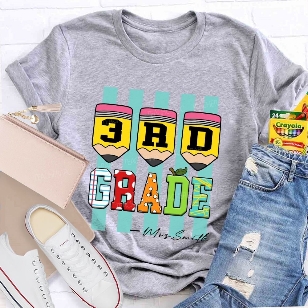 Personalized Grade Strip Printed Pencil Teacher T-Shirt