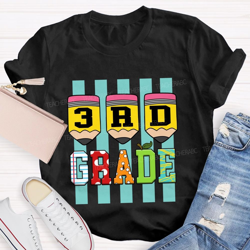 Personalized Grade Strip Printed Pencil Teacher T-Shirt