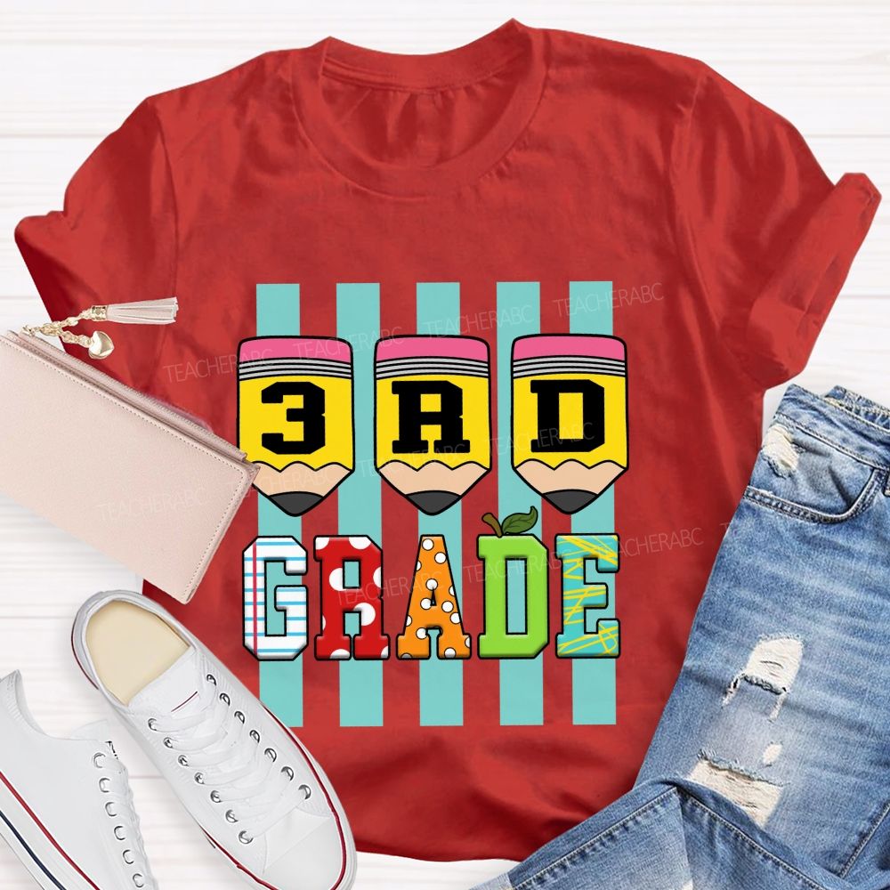 Personalized Grade Strip Printed Pencil Teacher T-Shirt