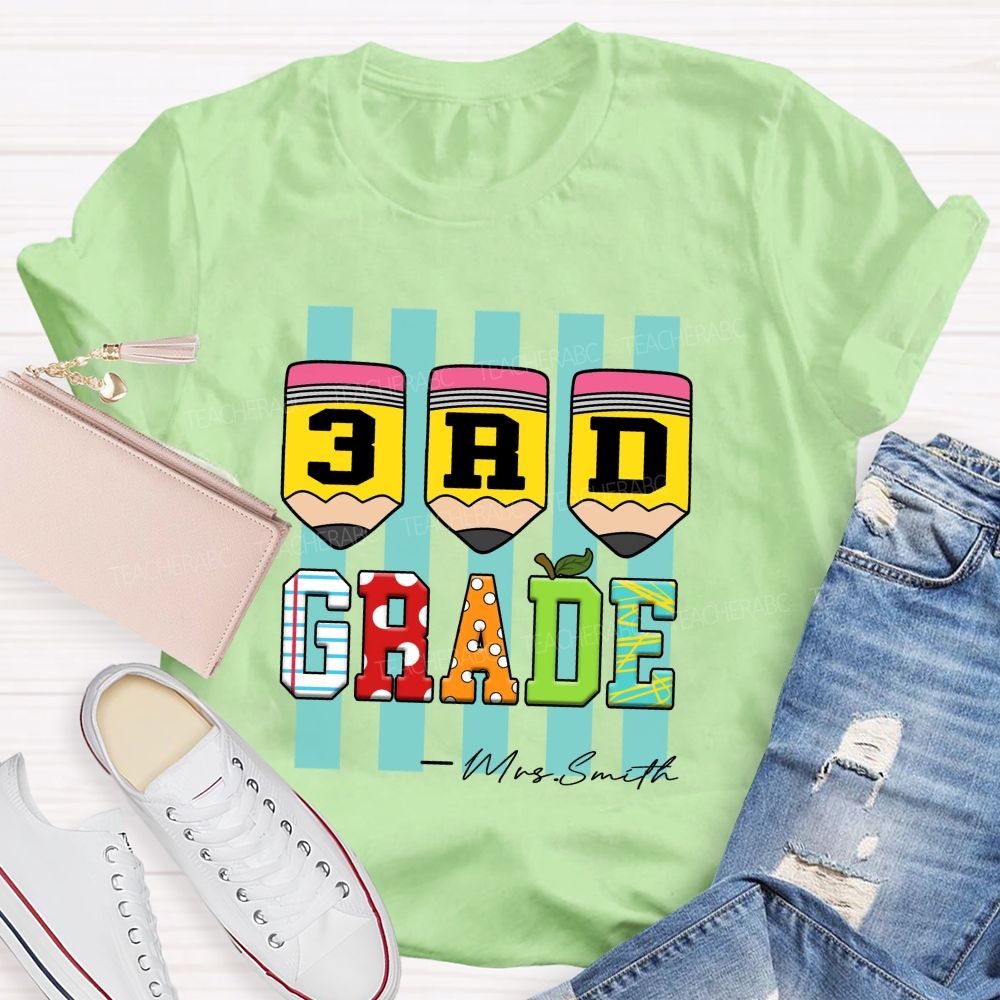 Personalized Grade Strip Printed Pencil Teacher T-Shirt
