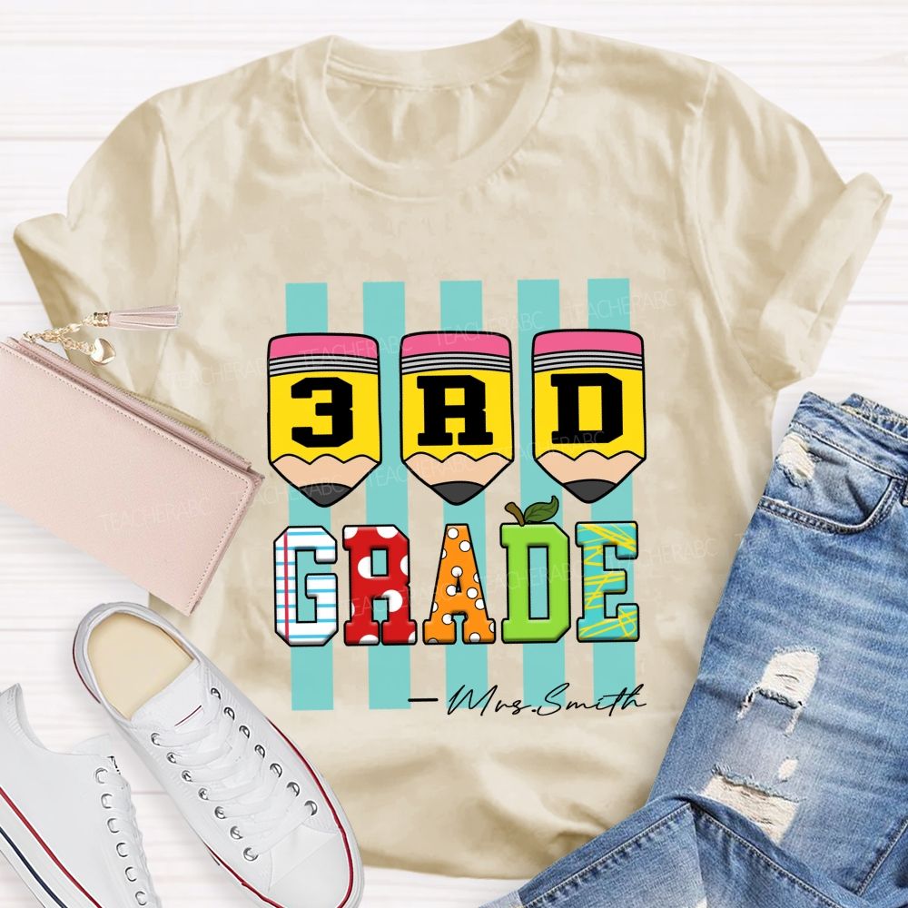 Personalized Grade Strip Printed Pencil Teacher T-Shirt