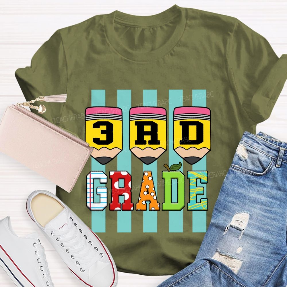 Personalized Grade Strip Printed Pencil Teacher T-Shirt