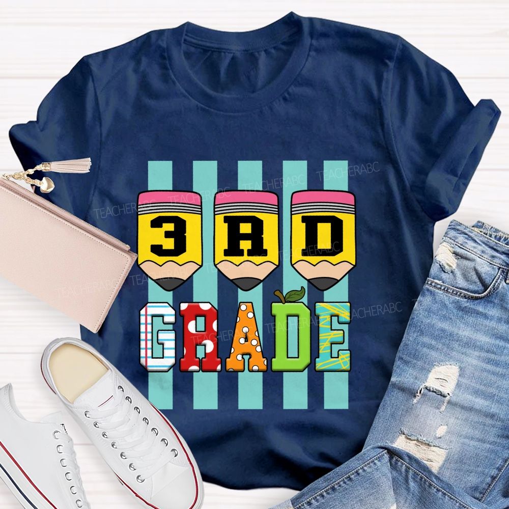 Personalized Grade Strip Printed Pencil Teacher T-Shirt