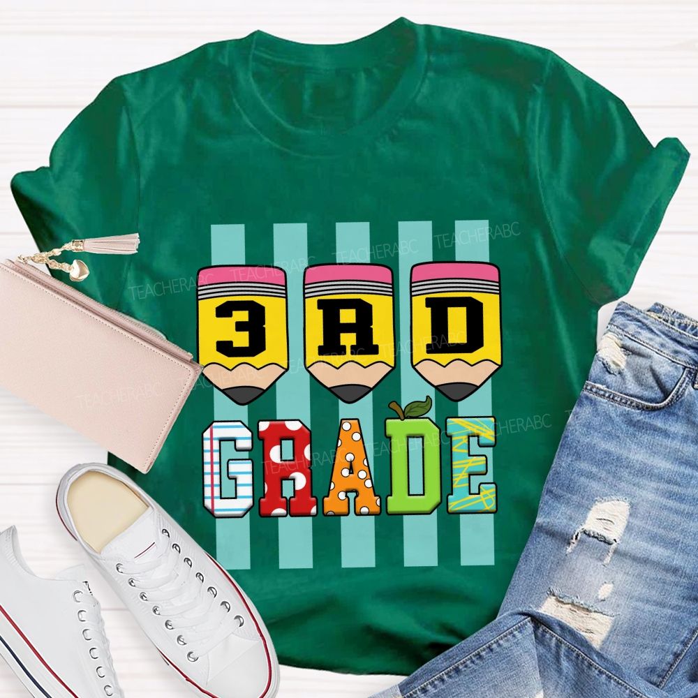 Personalized Grade Strip Printed Pencil Teacher T-Shirt