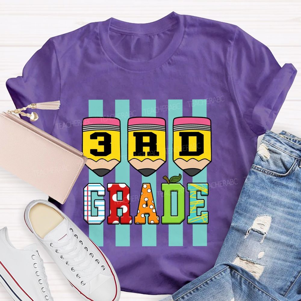 Personalized Grade Strip Printed Pencil Teacher T-Shirt