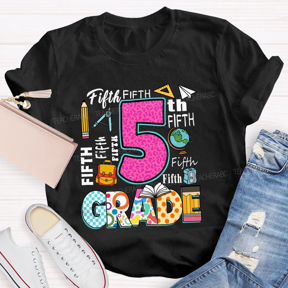 Personalized Grade Pink Leopard Checkerboard Pattern Teacher T-Shirt
