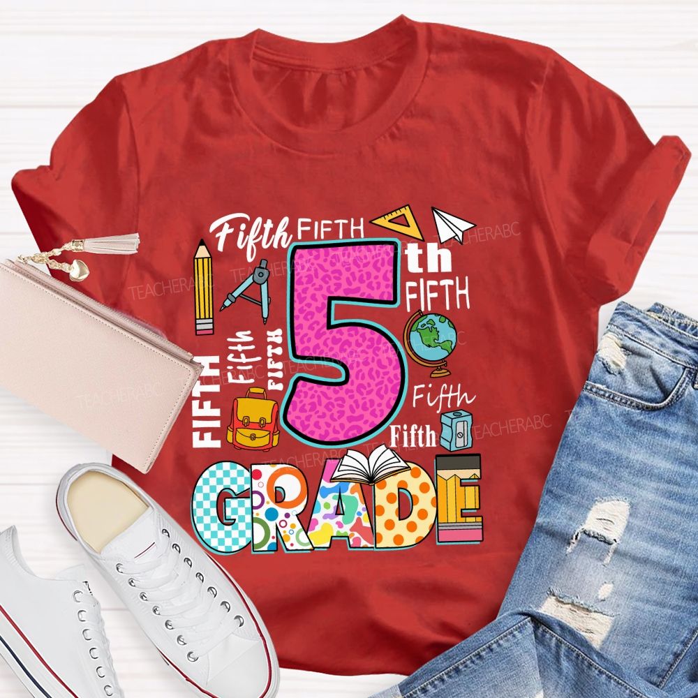 Personalized Grade Pink Leopard Checkerboard Pattern Teacher T-Shirt