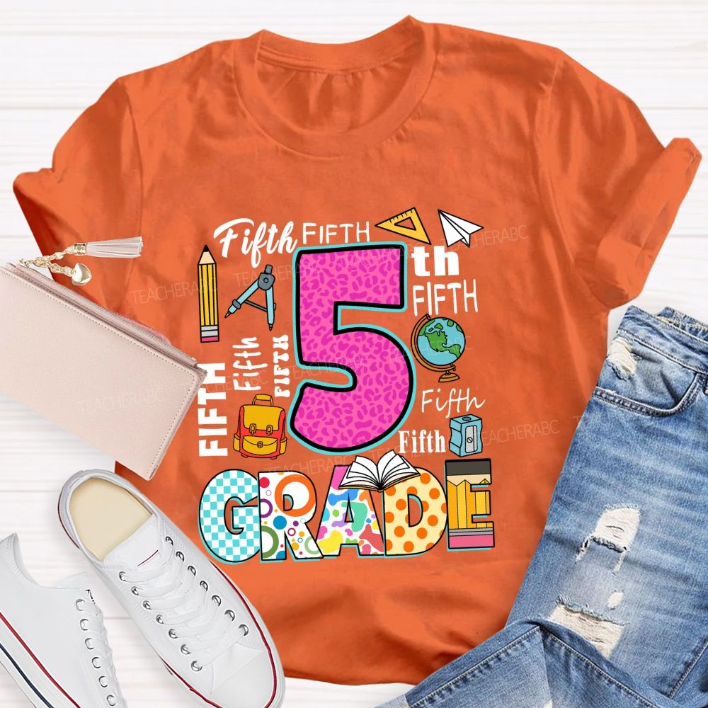 Personalized Grade Pink Leopard Checkerboard Pattern Teacher T-Shirt