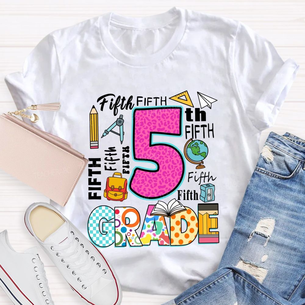 Personalized Grade Pink Leopard Checkerboard Pattern Teacher T-Shirt