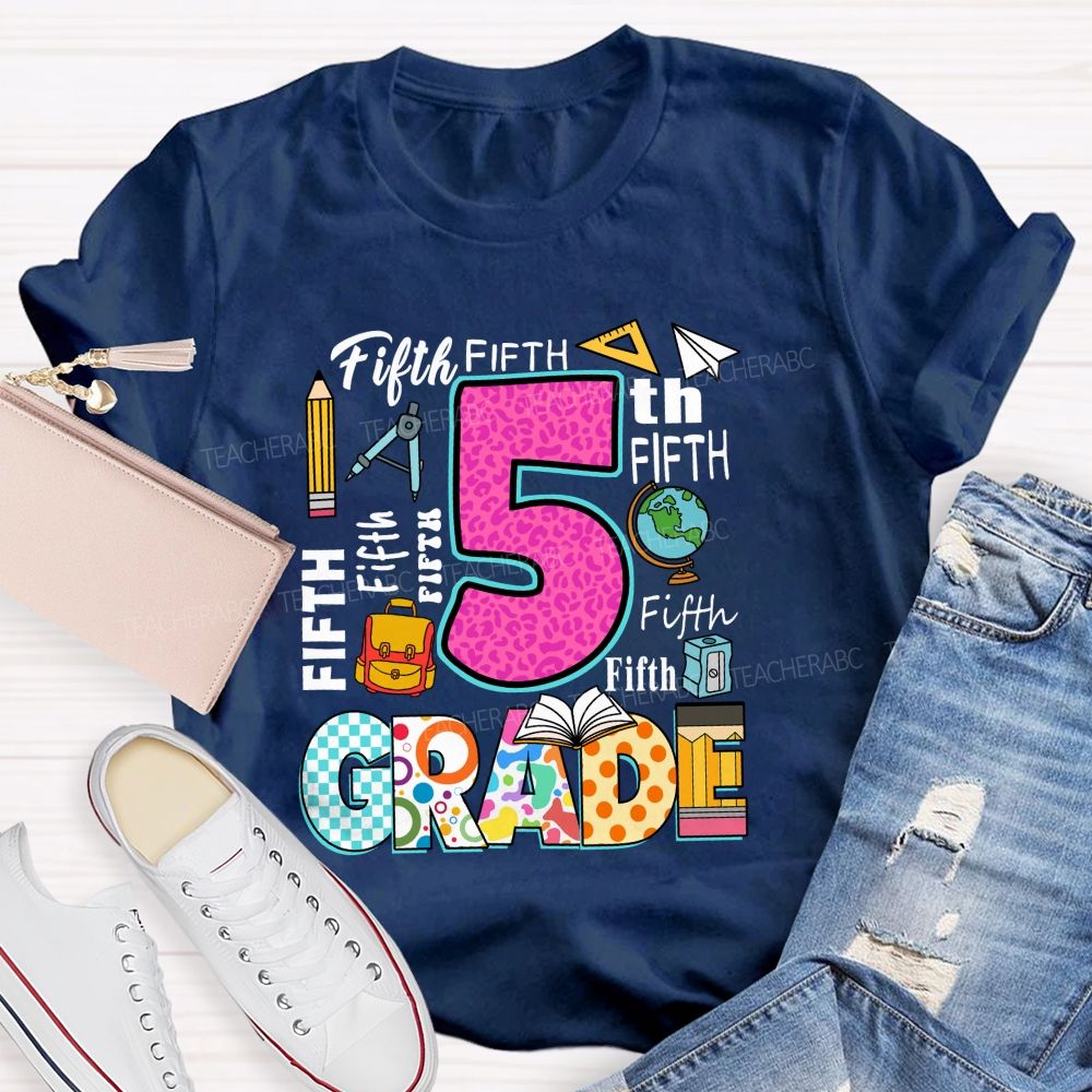 Personalized Grade Pink Leopard Checkerboard Pattern Teacher T-Shirt