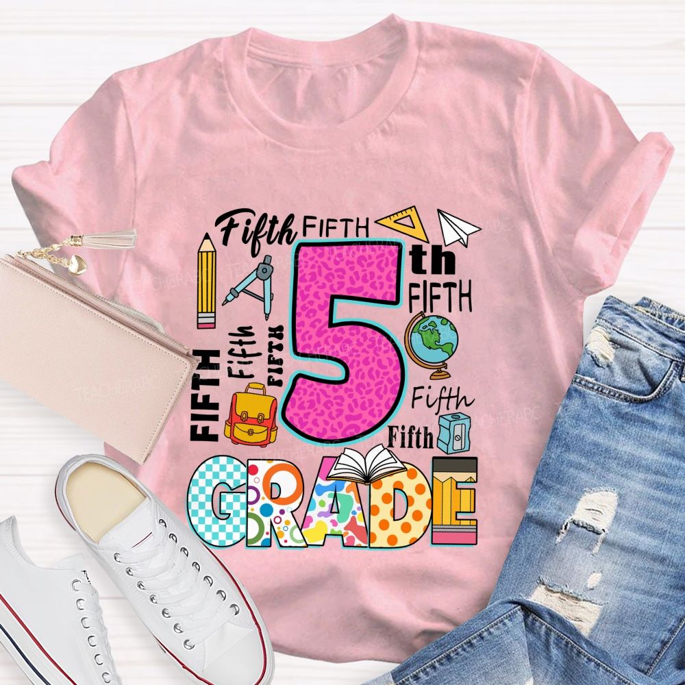 Personalized Grade Pink Leopard Checkerboard Pattern Teacher T-Shirt