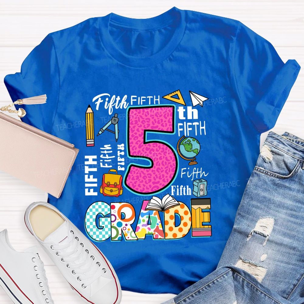 Personalized Grade Pink Leopard Checkerboard Pattern Teacher T-Shirt