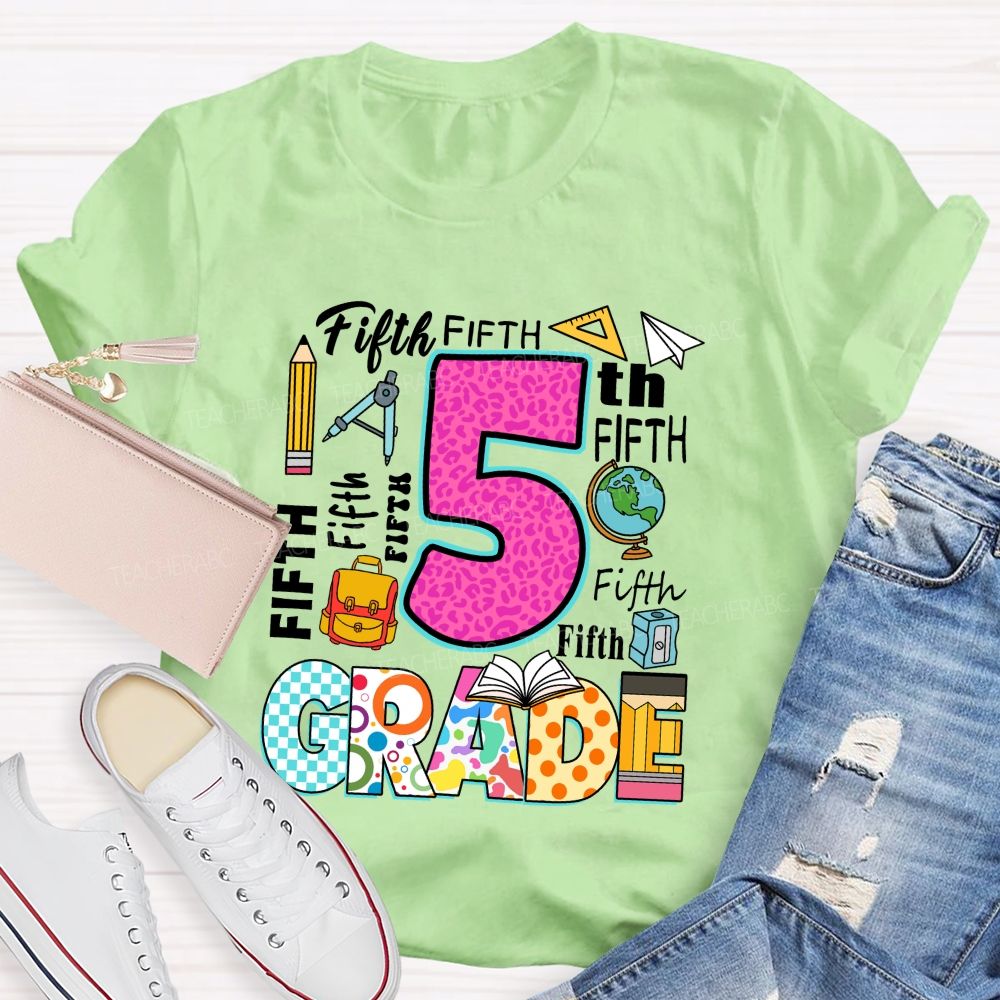 Personalized Grade Pink Leopard Checkerboard Pattern Teacher T-Shirt