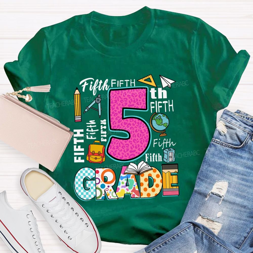 Personalized Grade Pink Leopard Checkerboard Pattern Teacher T-Shirt