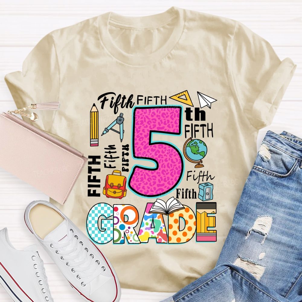 Personalized Grade Pink Leopard Checkerboard Pattern Teacher T-Shirt