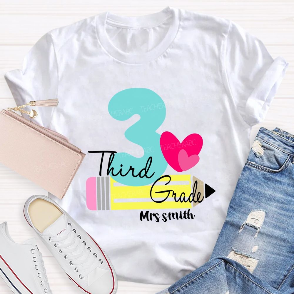 Personalized Grade And Name Pencil Pink Heart Teacher T-Shirt