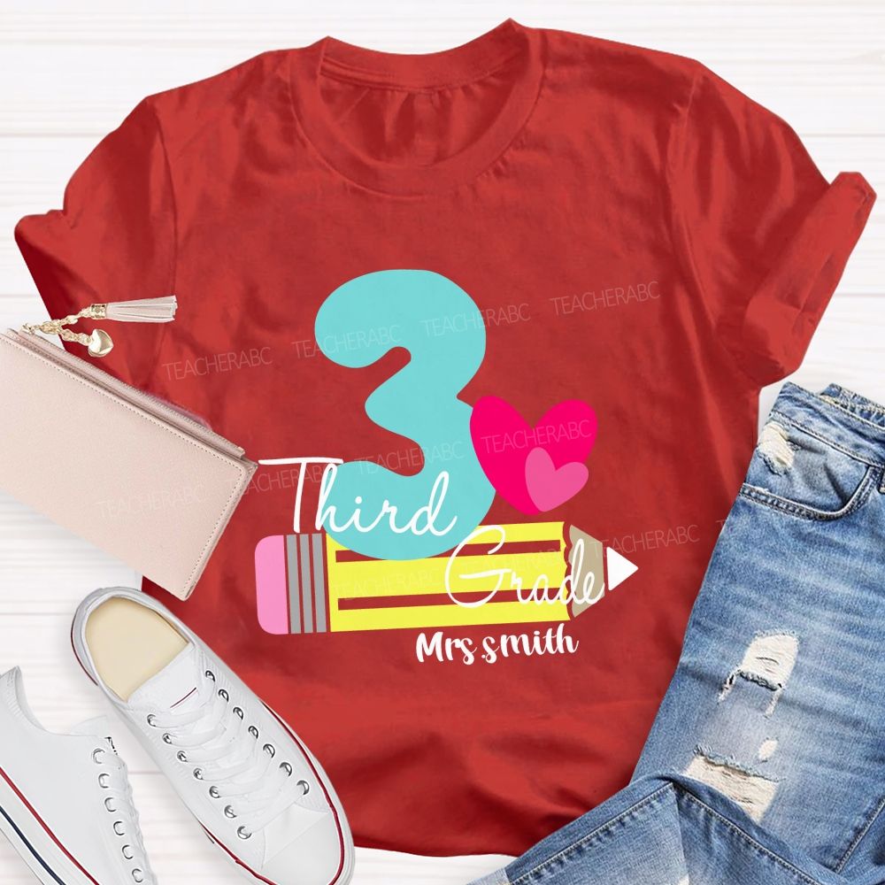 Personalized Grade And Name Pencil Pink Heart Teacher T-Shirt