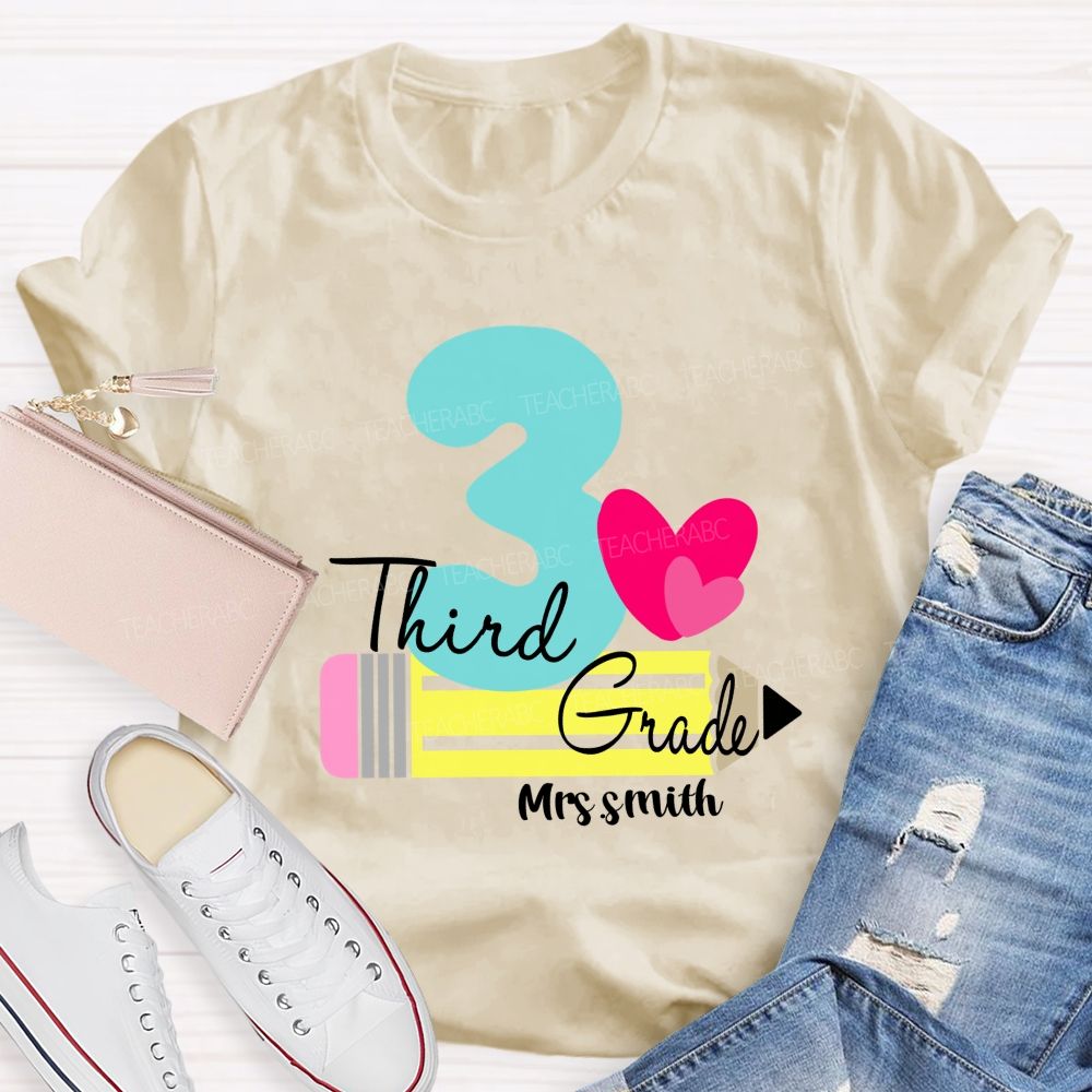 Personalized Grade And Name Pencil Pink Heart Teacher T-Shirt