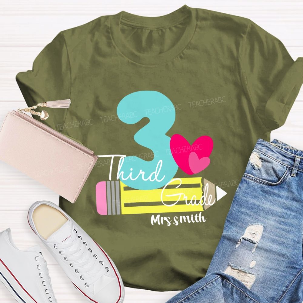 Personalized Grade And Name Pencil Pink Heart Teacher T-Shirt
