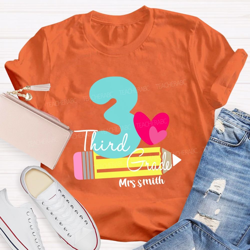 Personalized Grade And Name Pencil Pink Heart Teacher T-Shirt