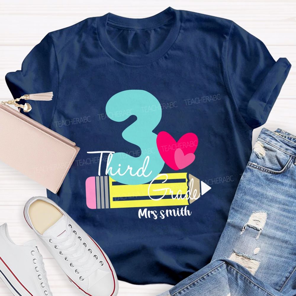 Personalized Grade And Name Pencil Pink Heart Teacher T-Shirt